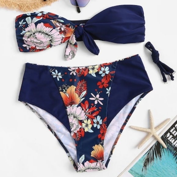 Other - NEW Floral Navy High Waisted Bandeau Bikini Set